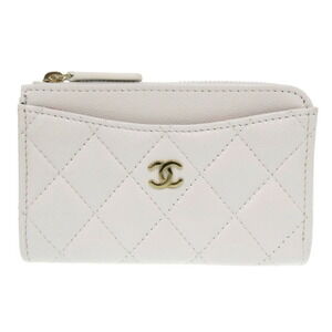 CHANEL White Caviar Leather Logo Wallet